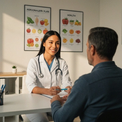 Diététicienne conseillant un client sur un plan nutritionnel personnalisé, dans un bureau lumineux