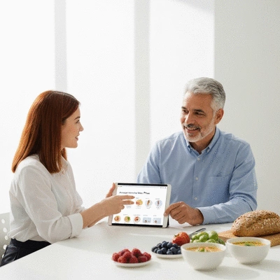 Woman consulting with a dietitian, reviewing a personalized nutrition plan on a tablet, with healthy food items on the table, no text, no words, no typography, 8K