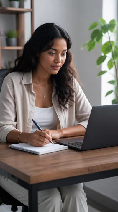 Woman taking notes during an online consultation on a laptop, showing engagement and focus, modern home office setting, clean image