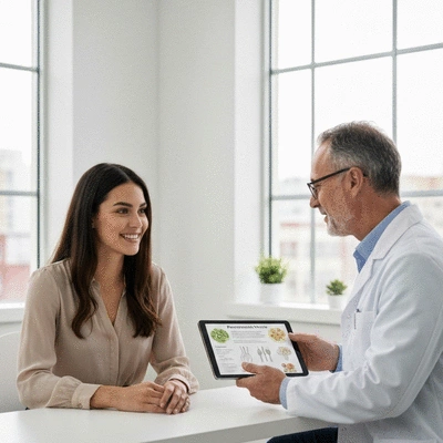 Personne souriante consultant une nutritionniste dans un bureau lumineux