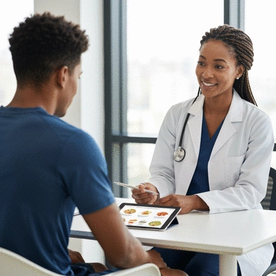 Sports nutritionist consulting with an athlete about their diet plan