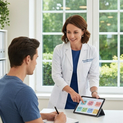 Diététicienne expliquant un plan alimentaire à un patient dans un cadre professionnel et accueillant