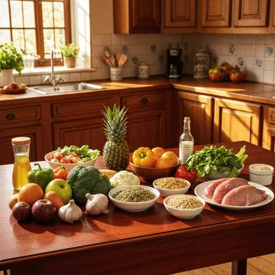 Table de cuisine avec des ingrédients frais et sains, symbolisant un rééquilibrage alimentaire