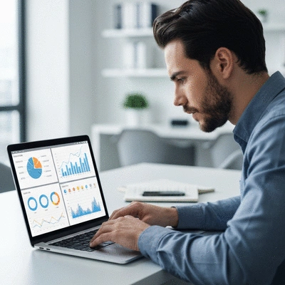 Person analyzing SEO metrics on a laptop with charts and graphs