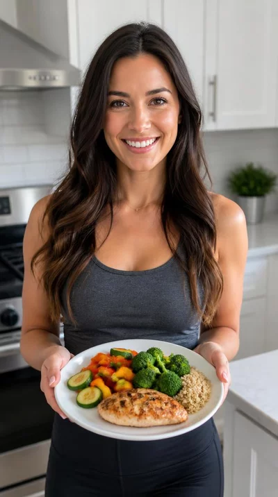 Woman holding a plate with healthy, balanced food like vegetables and lean protein, smiling, natural lighting, clean image