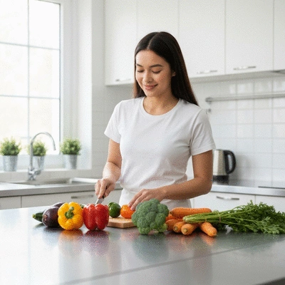 Personne préparant un repas sain avec des légumes frais et des produits de saison, cuisine lumineuse, no text, no words, no typography, clean image