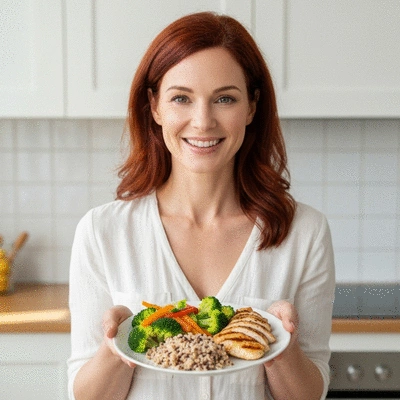 Woman holding a plate of balanced healthy food