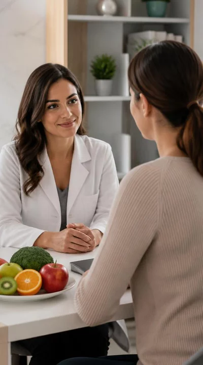 Diététicienne discutant avec une cliente en consultation, ambiance calme et professionnelle