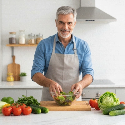 Personne préparant une salade colorée avec des légumes frais, symbolisant une alimentation équilibrée et la cuisine maison.