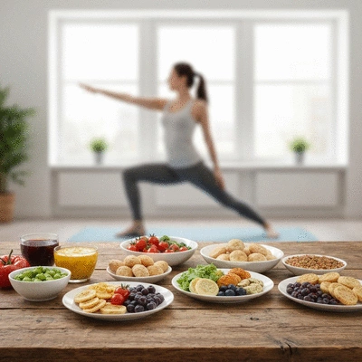 Healthy food on a table with a person exercising in the background, symbolizing overall well-being
