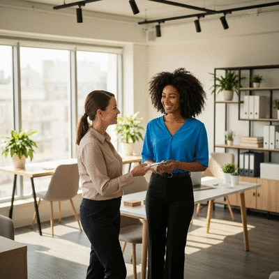 Happy woman consulting with a dietitian, symbolizing professional support and guidance in weight stabilization