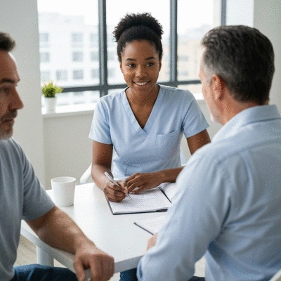 Professional nutritionist consulting a client, discussing healthy eating plans