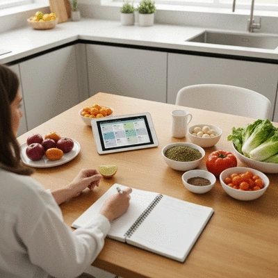 Personne suivant un plan de repas équilibré avec des aliments sains sur une table de cuisine