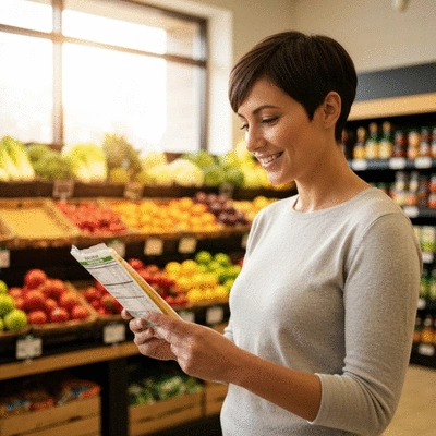 Femme lisant une étiquette nutritionnelle dans une épicerie, avec des produits frais en arrière-plan