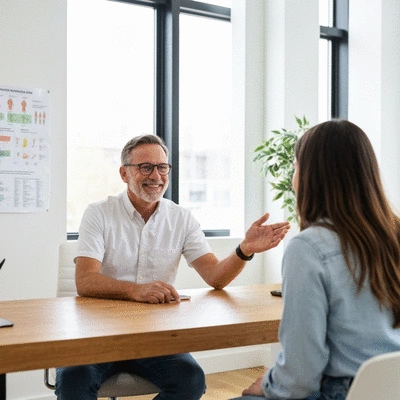 Professional nutritionist explaining a personalized diet plan to a client in a modern office. The image should convey trust and scientific approach, no text, no words, no typography, 8K, natural lighting