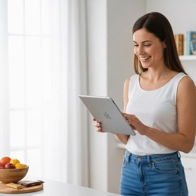 Woman using a tablet for an online consultation with a dietitian, clean background, natural light