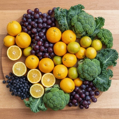 Assortiment de fruits et légumes colorés sur une planche à découper