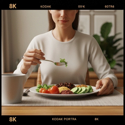 Person enjoying a healthy, balanced meal with fresh ingredients