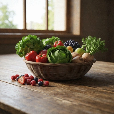 Assortiment coloré de fruits et légumes de saison frais, dans un panier en osier