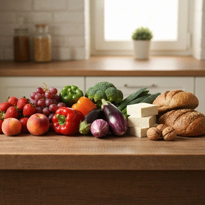 Healthy food ingredients on a kitchen counter, symbolizing balanced diet and nutritional education