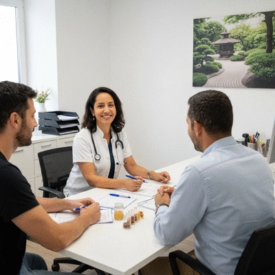 Médecin nutritionniste expliquant un régime alimentaire à un patient, avec des schémas de cœur et d'aliments sains en arrière-plan, no text, no words, no typography, clean image