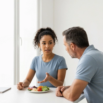 Nutritionist consulting with a client, showing healthy food options, clean image