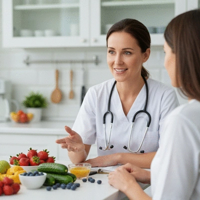 Diététicienne expliquant un plan alimentaire personnalisé à une cliente, avec des fruits et légumes frais sur la table, ambiance lumineuse et professionnelle