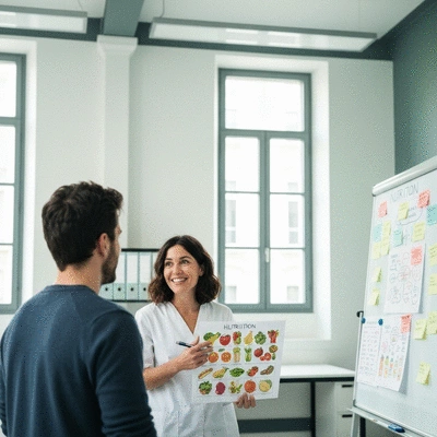 Nutritionist consulting a patient with a healthy food chart in Reims, France