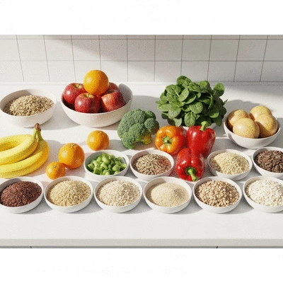 Healthy food ingredients on a kitchen counter, clean and organized