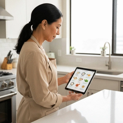 Woman looking at a personalized meal plan on a tablet, with fresh ingredients on a kitchen counter
