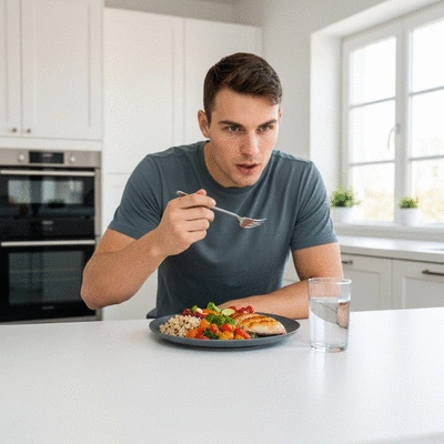 Sportsperson eating a balanced meal rich in carbs, proteins, and healthy fats, in a clean, brightly lit setting.
