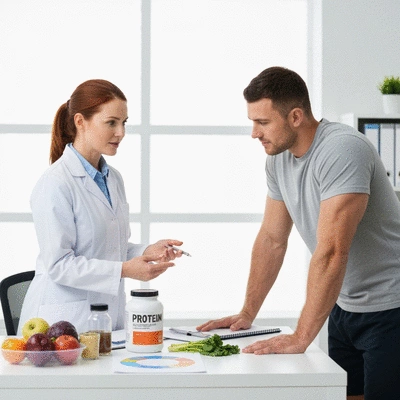 Diététicienne expliquant un plan nutritionnel personnalisé à un athlète dans son bureau, avec des graphiques et des aliments sains sur la table.