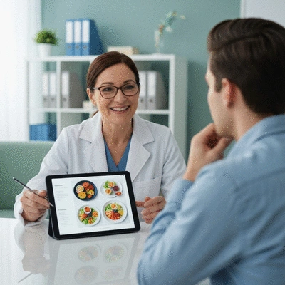 Nutritionist consulting with a client, showing a healthy meal plan on a tablet