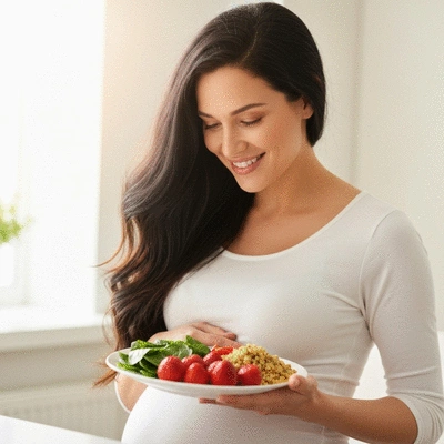 Pregnant woman looking at a healthy plate of food