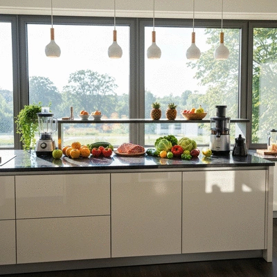 Assortiment de fruits, légumes et protéines maigres sur une table, symbolisant une alimentation équilibrée