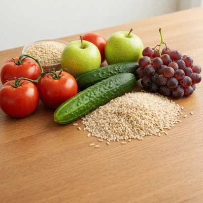 Fresh, vibrant ingredients like colorful vegetables, fruits, and healthy grains arranged aesthetically on a wooden table, symbolizing a balanced diet for cholesterol management