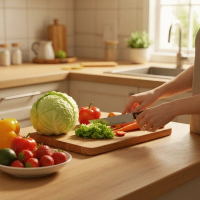 Personne préparant un repas sain avec des légumes frais de saison sur une planche à découper