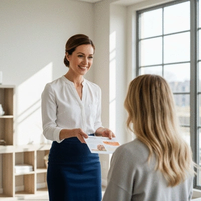 Dietitian explaining a personalized meal plan to a client in a modern office setting
