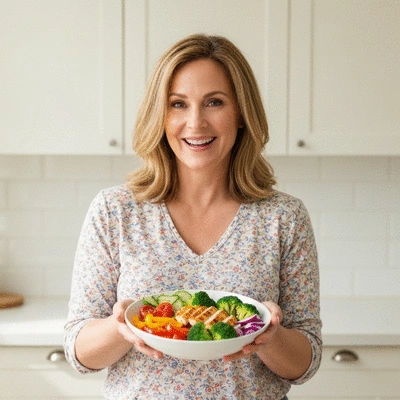 Woman holding a heart-healthy meal with fresh ingredients