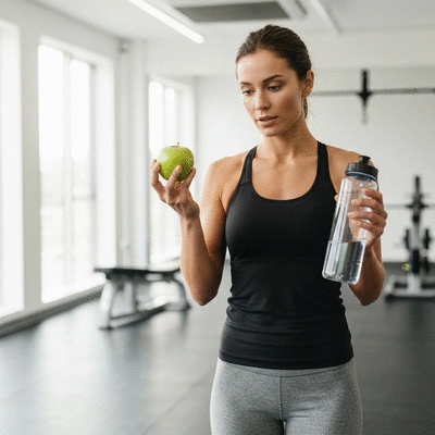 Female athlete holding an apple and water bottle, representing healthy nutrition and hydration, in a clean, modern gym environment, no text, no words, no typography, 8K