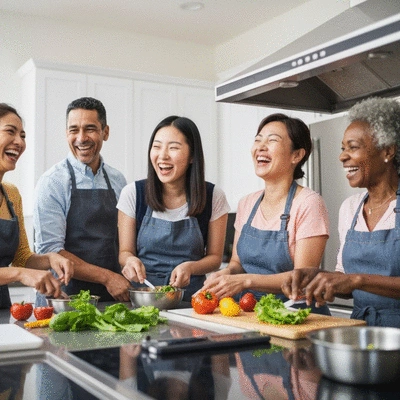 Diverse group of people participating in a cooking class, preparing healthy meals with fresh ingredients, smiling and interacting