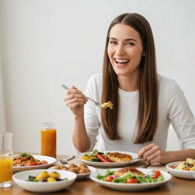 Woman happily eating a healthy, colorful meal at a dining table, representing flexible meal plans and balanced nutrition, no text, no words, no typography, no labels, clean image