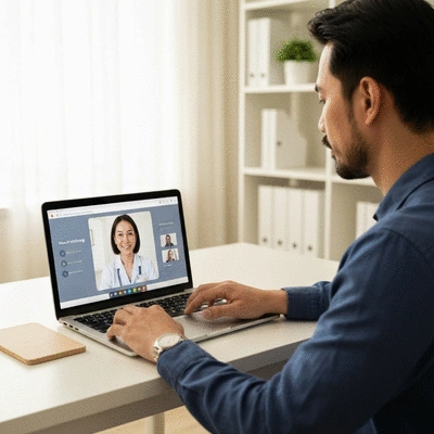 Person using a laptop for an online consultation with a nutritionist
