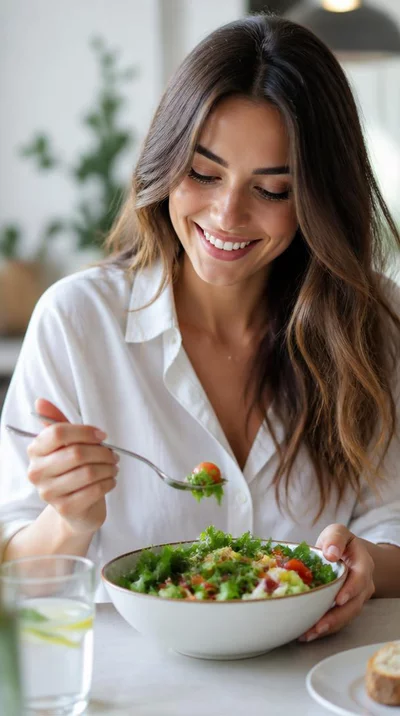 Femme souriante mangeant une salade saine et équilibrée dans un environnement lumineux