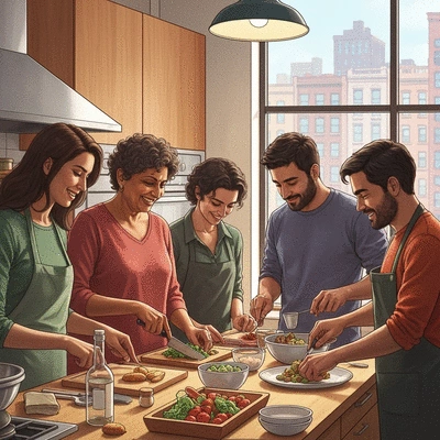 Groupe de personnes participant à un atelier de cuisine saine, préparant des repas équilibrés avec l'aide d'une diététicienne