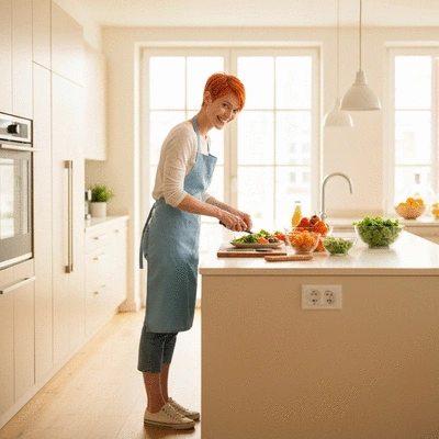 Personne souriante préparant un repas sain avec des légumes frais et des produits à faible indice glycémique