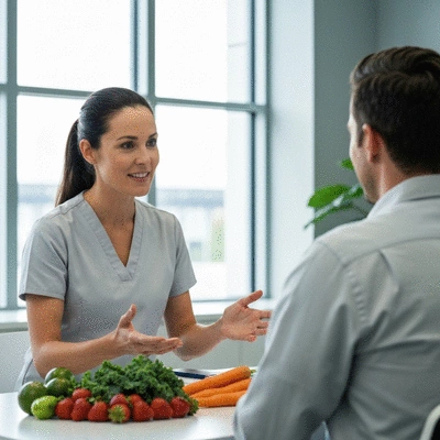 Professional dietitian explaining a healthy eating plan to a client in a modern office, with fresh fruits and vegetables on the table, no text, no words, no typography, no labels, clean image