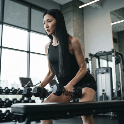 Woman doing strength training with dumbbells in a gym