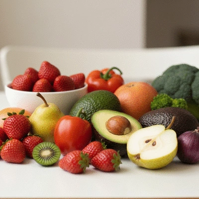Assortiment de fruits, légumes et protéines maigres sur une table, no text, no words, no typography, clean image