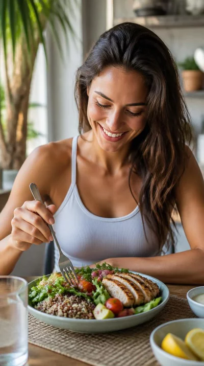 Person enjoying a balanced meal with fresh ingredients